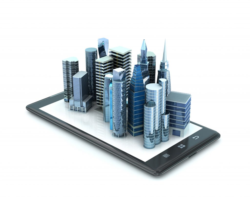 city buildings on smartphone. 3d illustration